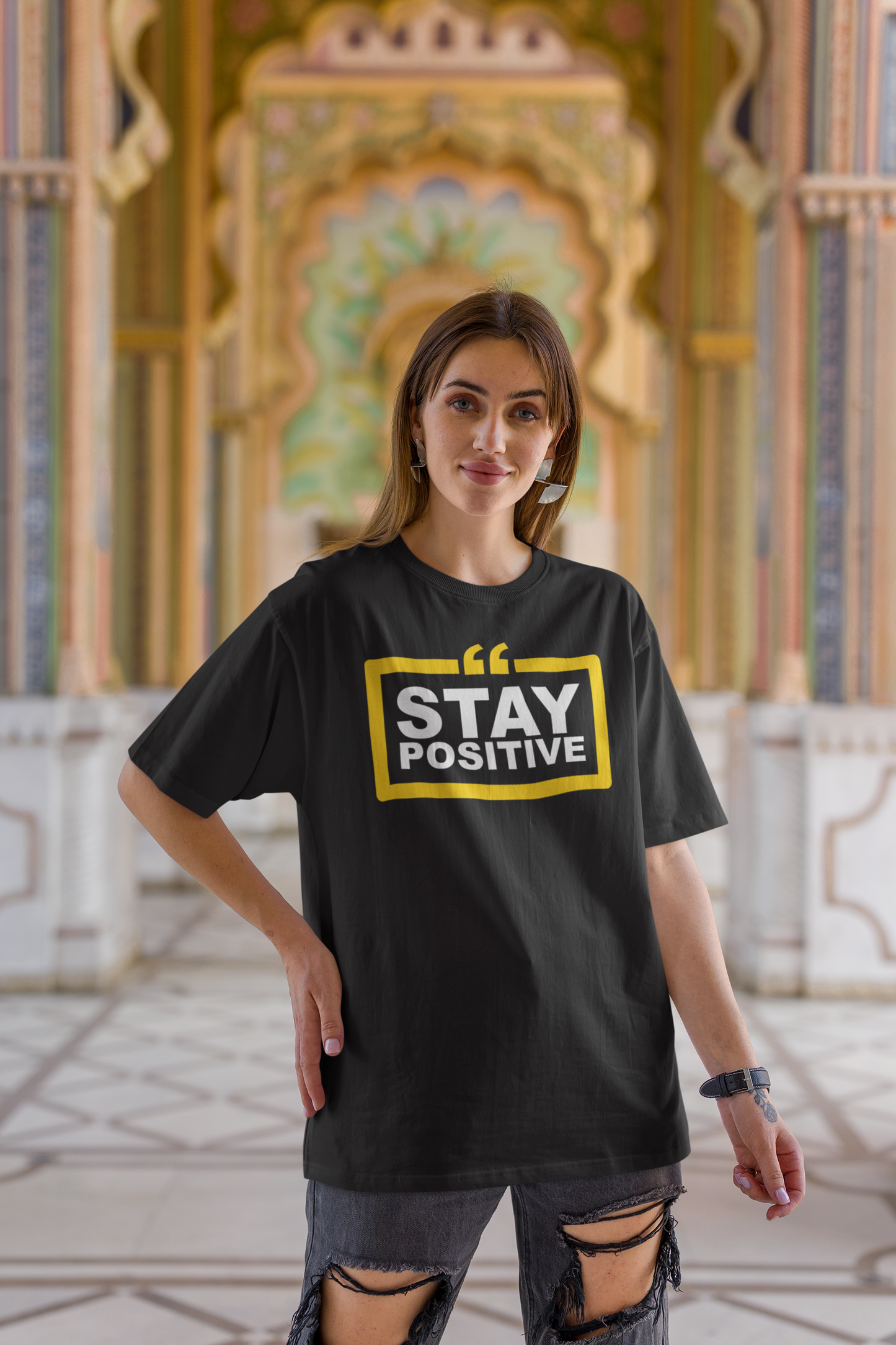 Stay Positive Unisex Black Oversized T-Shirt