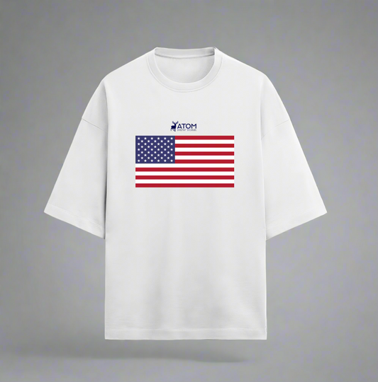 Terry (280 GSM) ATOM American Flag White Oversize T-Shirt For Men