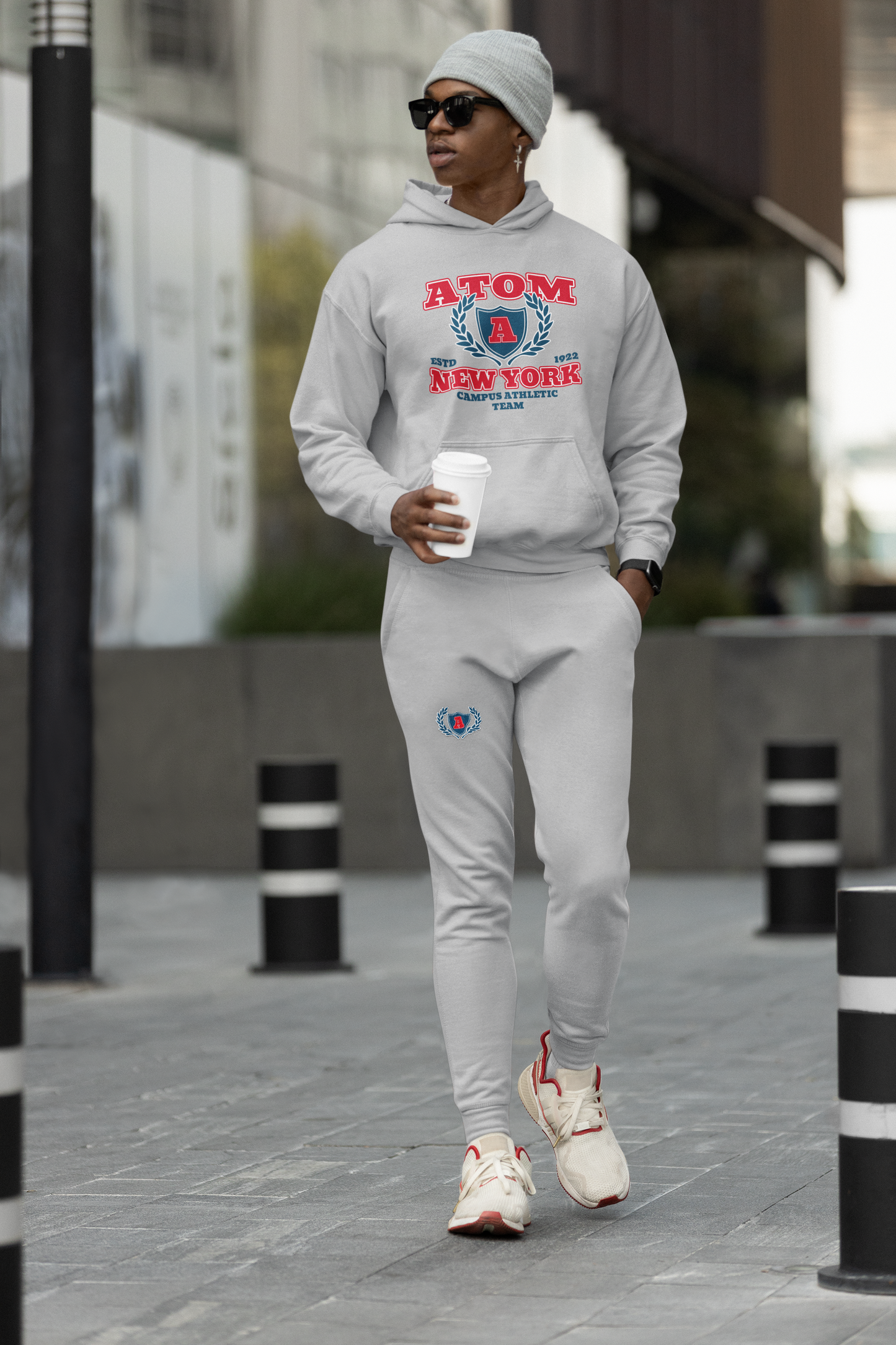 College Athletic Team Melange Grey Hoodie And Jogger Co-ord Set For Men