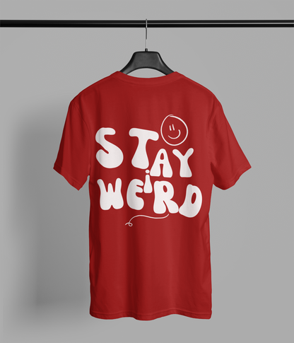 Stay Weird Puff Print Red Oversized T-Shirt For Men