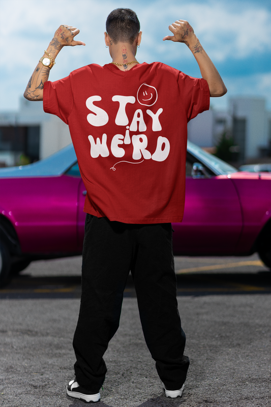 Stay Weird Puff Print Red Oversized T-Shirt For Men