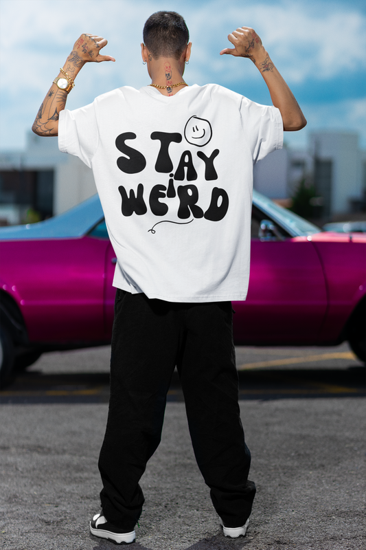 Stay Weird Puff Print White Oversized T-Shirt For Men