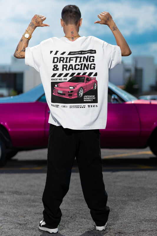 Drifting And Racing White Oversized T-Shirt For Men