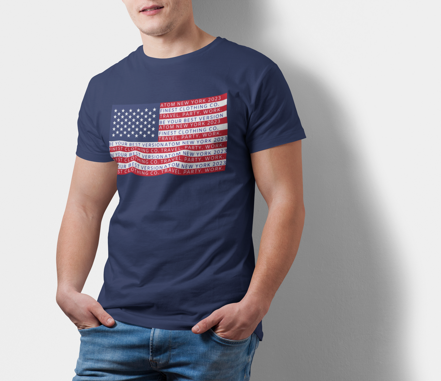 ATOM Signature US Flag Embedded Slogan Navy Blue T-Shirt For Men