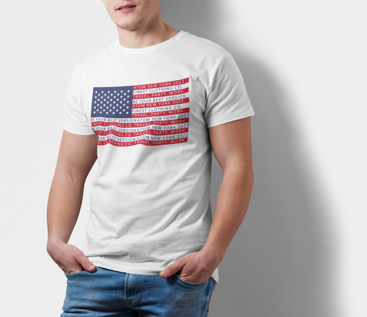 ATOM Signature US Flag Embedded Slogan White T-Shirt For Men