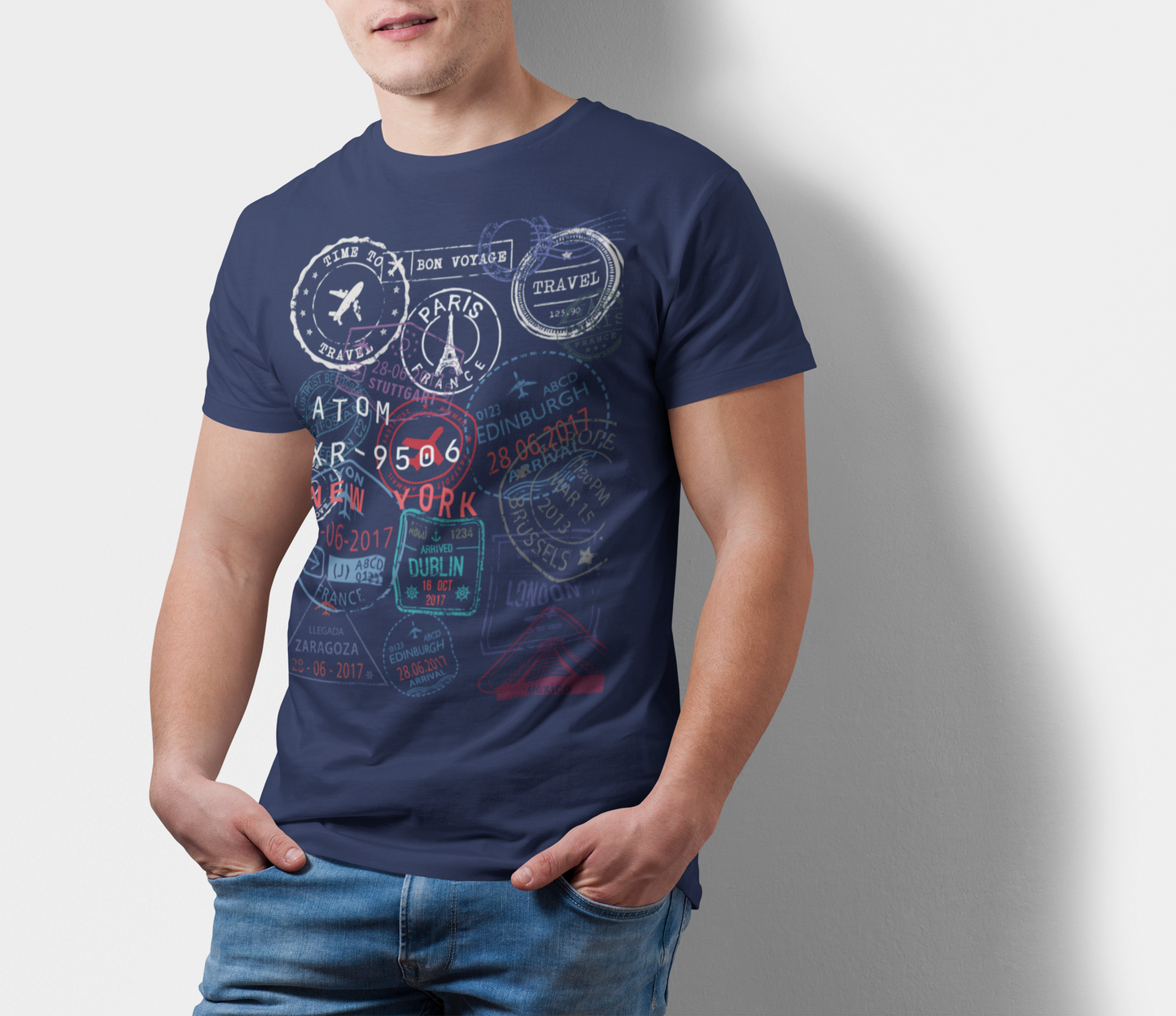 ATOM New York Signature Travel Stamps Navy Blue T-Shirt For Men