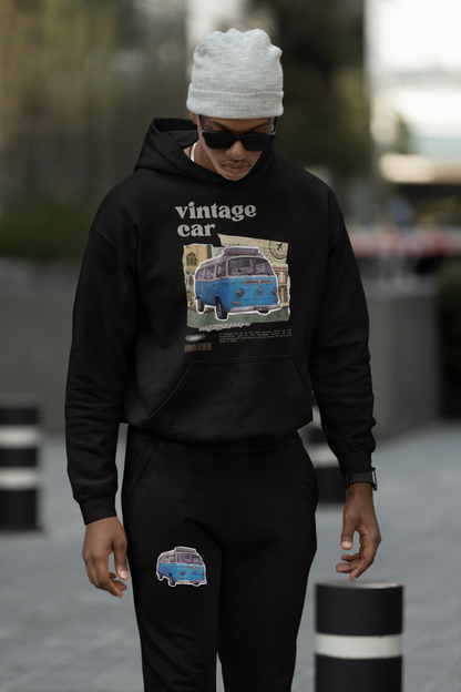 Vintage Car Black Hoodie And Jogger Co-ord Set For Men