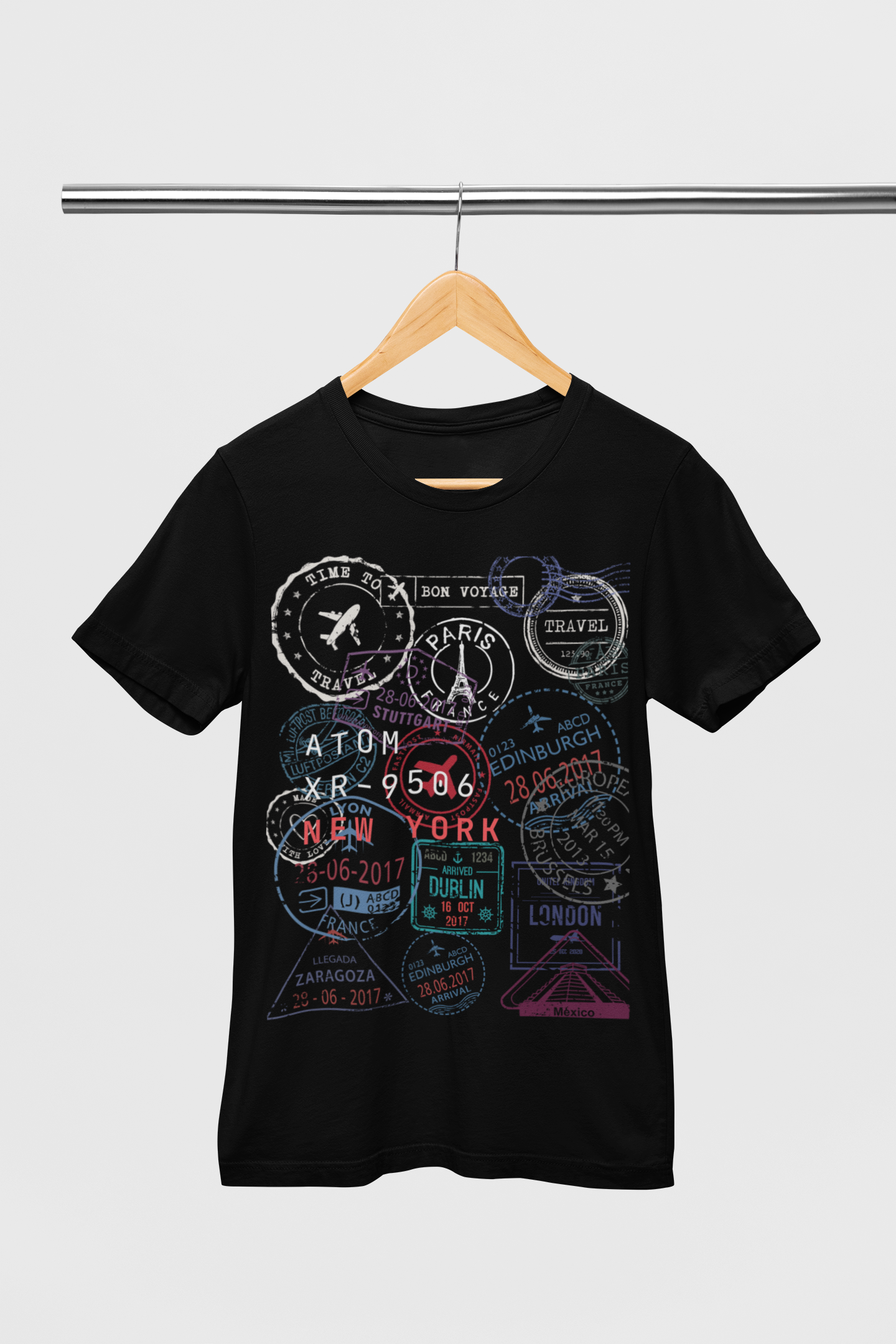 ATOM New York Signature Travel Stamps Black T-Shirt For Men