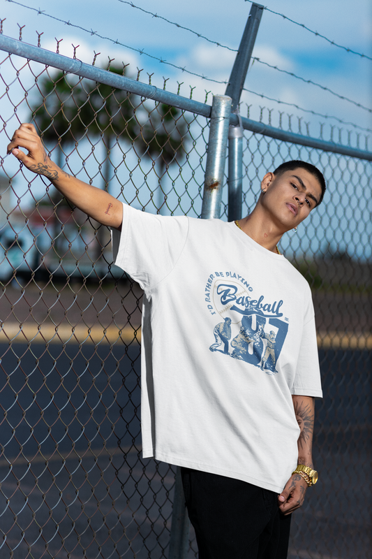 Playing Baseball White Oversized T-Shirt For Men