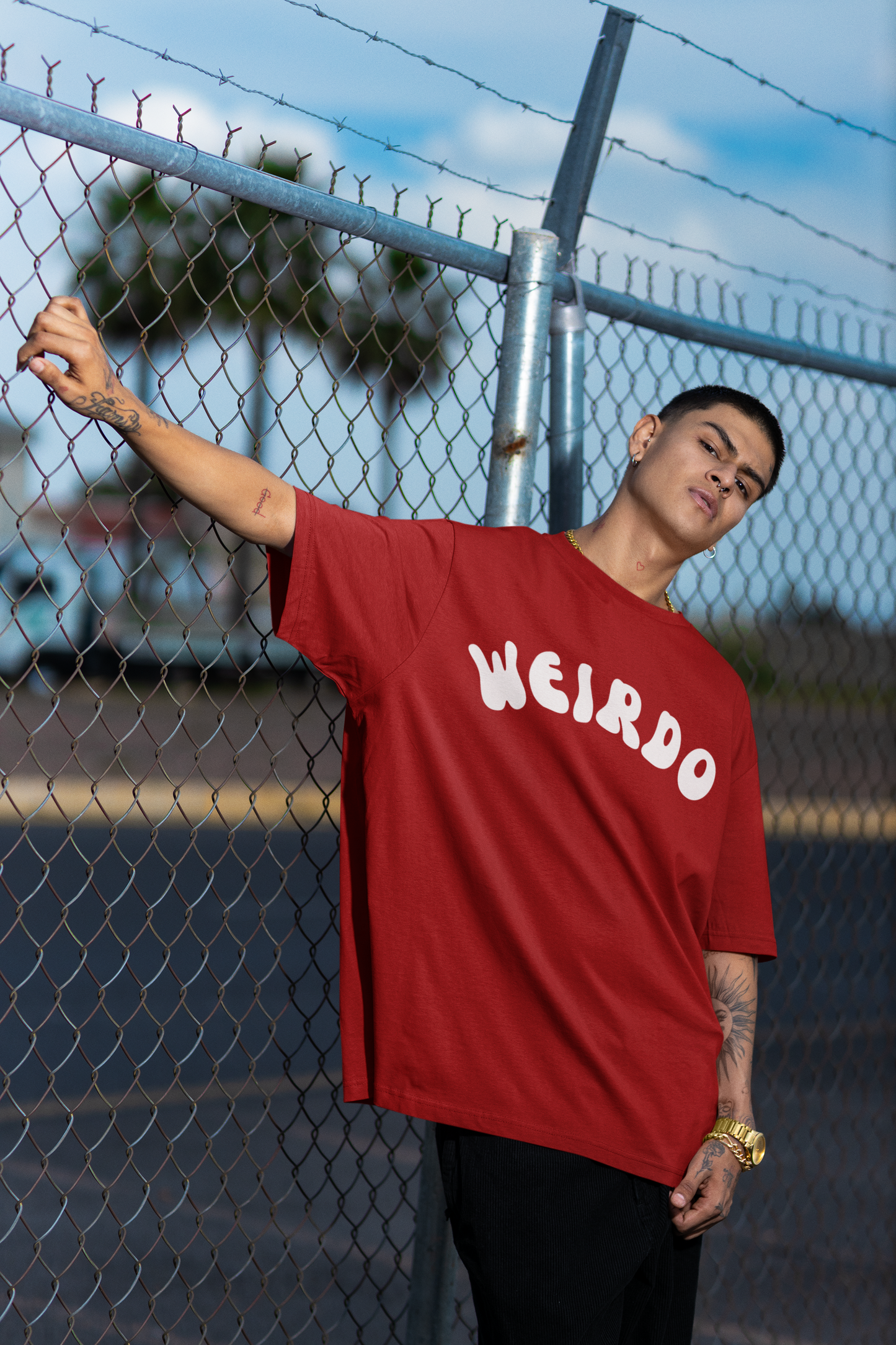 Stay Weird Puff Print Red Oversized T-Shirt For Men