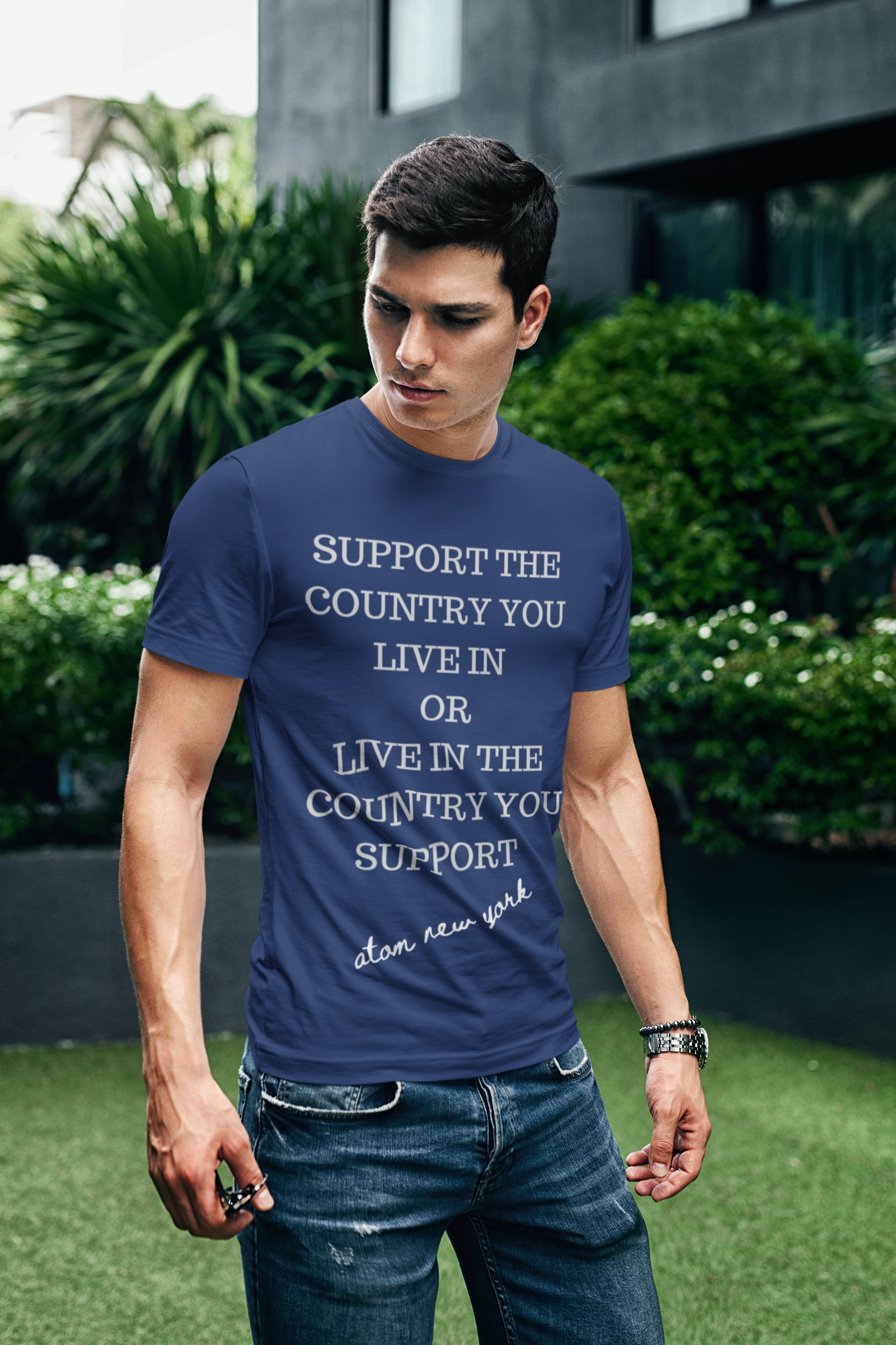 ATOM Signature Support The Country You Live In Navy Blue T-Shirt For Men