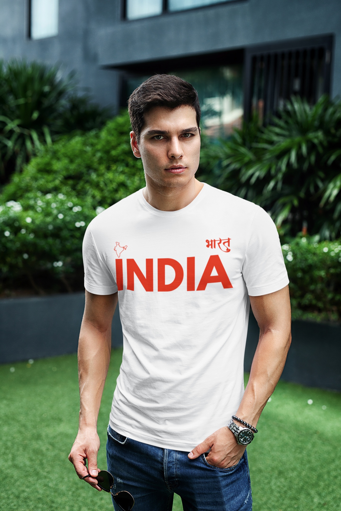 ATOM Signature INDIA BHARAT Red Font White T-Shirt For Men