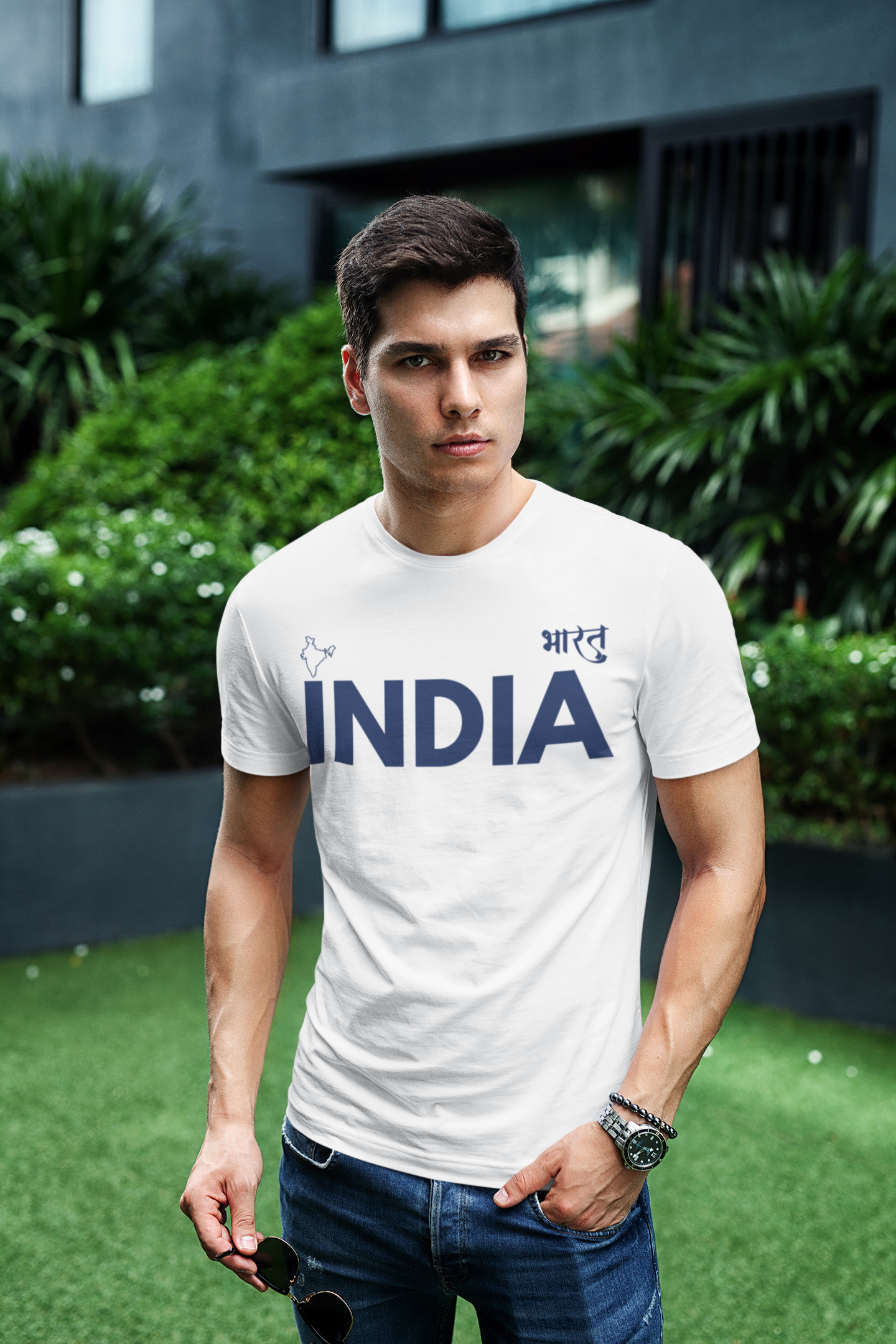 ATOM Signature INDIA BHARAT Blue Font White T-Shirt For Men