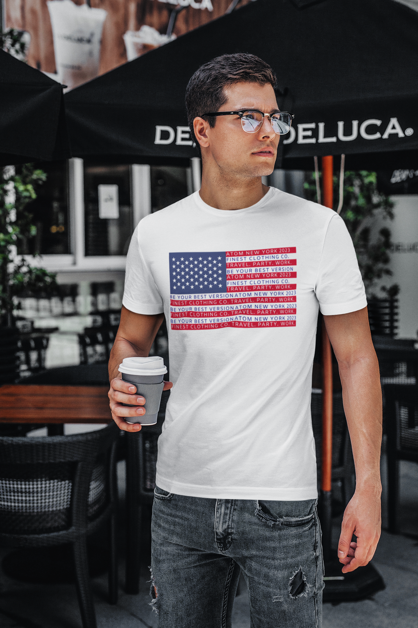 ATOM Signature US Flag Embedded Slogan White T-Shirt For Men