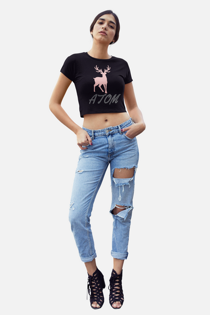 ATOM Deer Italics Fonts Black Crop Top For Women