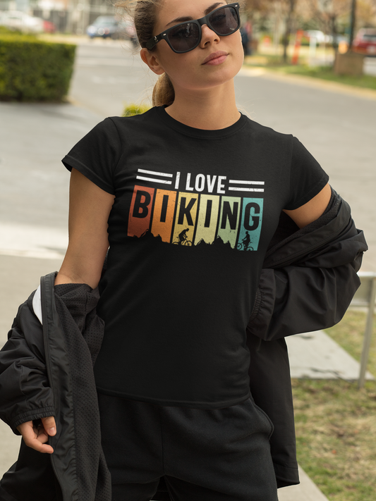 I Love Biking Black Round Neck T-Shirt for Women