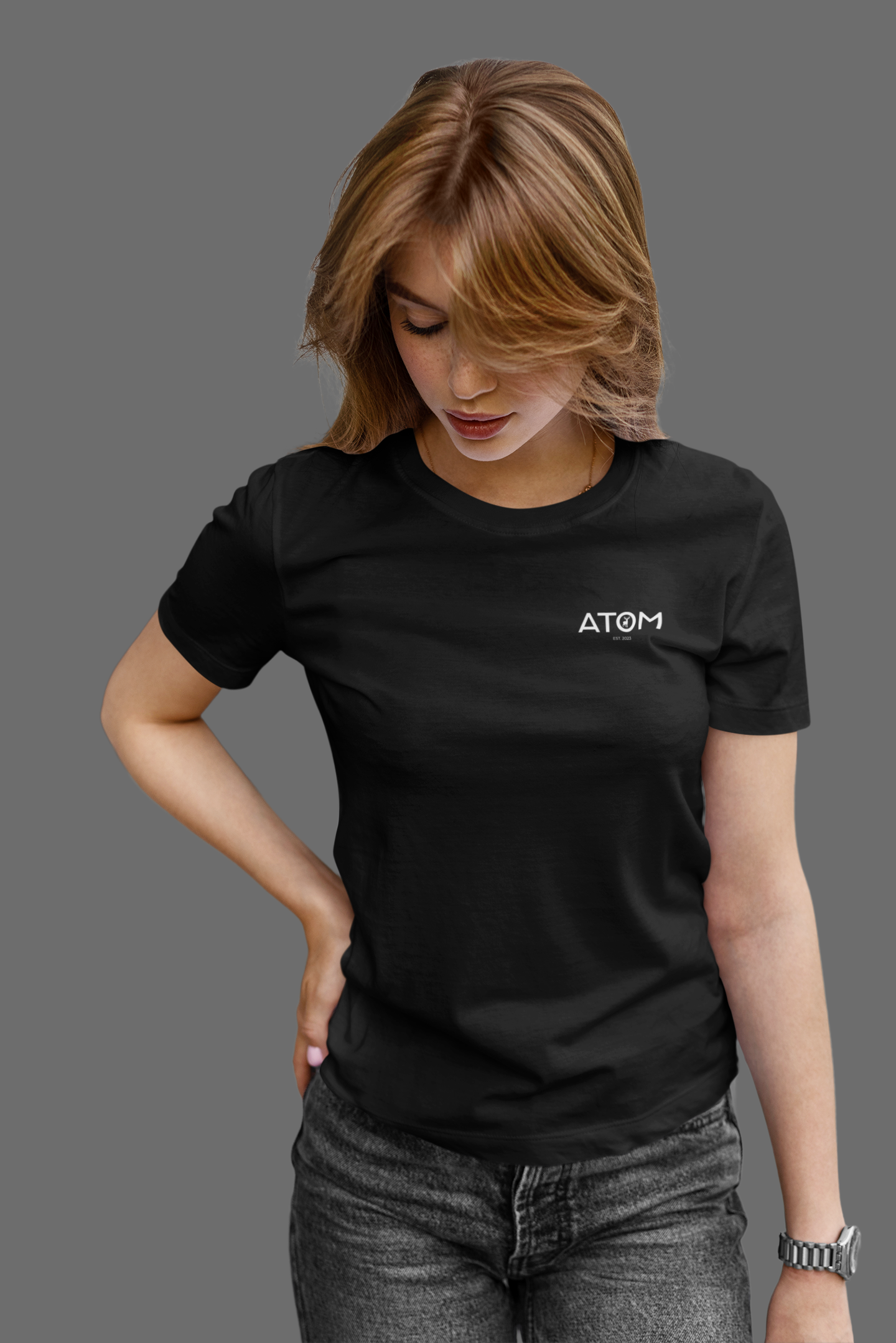 ATOM Logo Basic Round Neck T-Shirt for Women. 